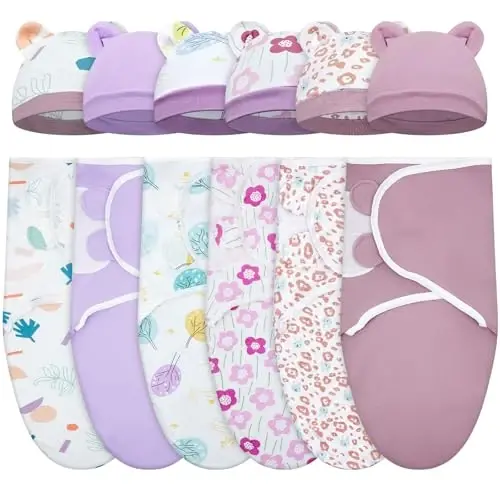 Ramede 6 Pack Swaddle Blanket with Hats for Baby Girl Boy 100% Cotton Swaddles 0-3 Months, Adjustable Breathable Skin Friendly Receiving Blanket Wrap, Essential for Newborns 