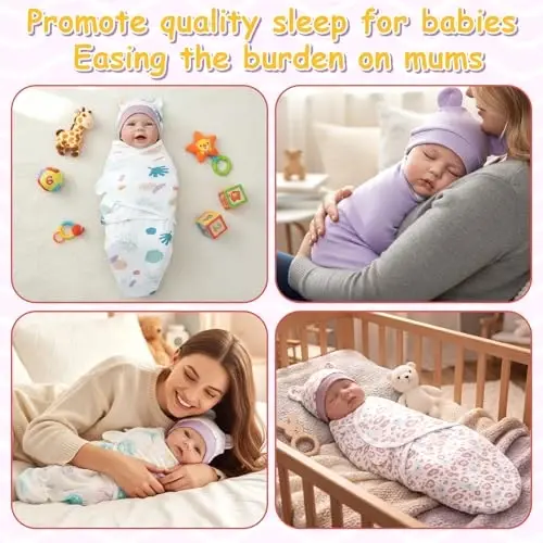 Ramede 6 Pack Swaddle Blanket with Hats for Baby Girl Boy 100% Cotton Swaddles 0-3 Months, Adjustable Breathable Skin Friendly Receiving Blanket Wrap, Essential for Newborns(Tree,Purple) - 2