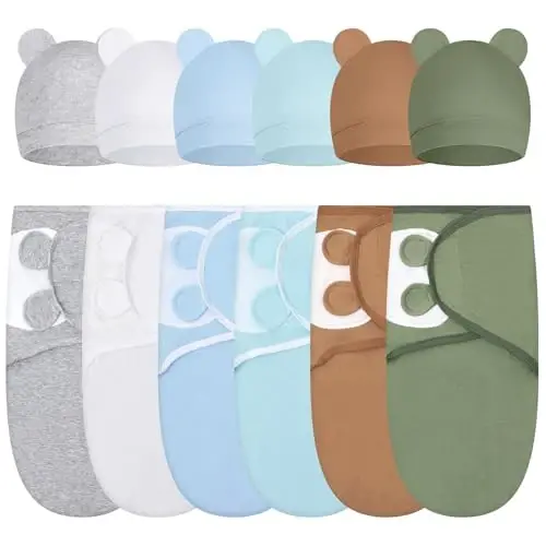 Ramede 6 Pack Swaddle Blanket with Hats for Baby Girl Boy 100% Cotton Swaddles 0-3 Months, Adjustable Breathable Skin Friendly Receiving Blanket Wrap, Essential for Newborns 