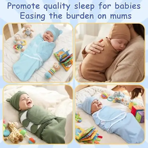 Ramede 6 Pack Swaddle Blanket with Hats for Baby Girl Boy 100% Cotton Swaddles 0-3 Months, Adjustable Breathable Skin Friendly Receiving Blanket Wrap, Essential for Newborns - 5
