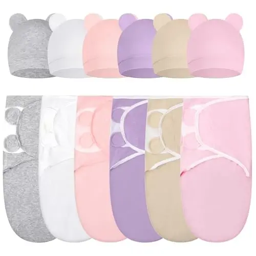 Ramede 6 Pack Swaddle Blanket with Hats for Baby Girl Boy 100% Cotton Swaddles 0-3 Months, Adjustable Breathable Skin Friendly Receiving Blanket Wrap, Essential for Newborns - 1