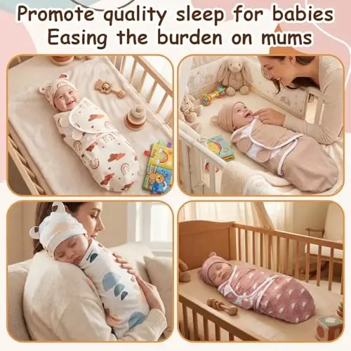 Ramede 6 Pack Swaddle Blanket with Hats for Baby Girl Boy 100% Cotton Swaddles 0-3 Months, Adjustable Breathable Skin Friendly Receiving Blanket Wrap, Essential for Newborns - 5