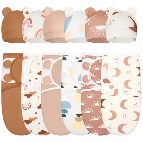 Ramede 6 Pack Swaddle Blanket with Hats for Baby Girl Boy 100% Cotton Swaddles 0-3 Months, Adjustable Breathable Skin Friendly Receiving Blanket Wrap, Essential for Newborns - 1