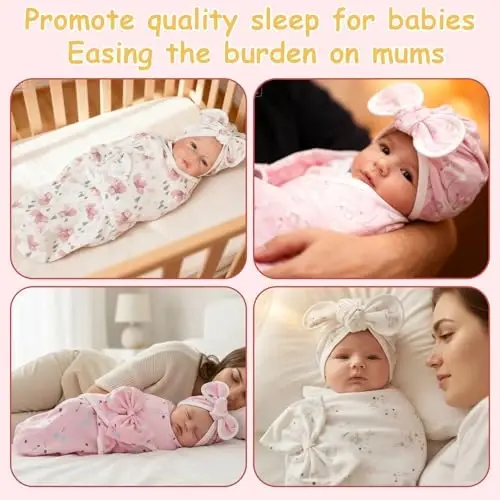 Ramede 6 Pack Swaddle Blanket with Hats for Baby Girl Boy 100% Cotton Swaddles 0-3 Months, Adjustable Breathable Skin Friendly Receiving Blanket Wrap, Essential for Newborns - 5