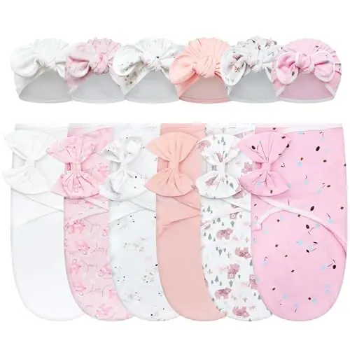 Ramede 6 Pack Swaddle Blanket with Hats for Baby Girl Boy 100% Cotton Swaddles 0-3 Months, Adjustable Breathable Skin Friendly Receiving Blanket Wrap, Essential for Newborns - 1