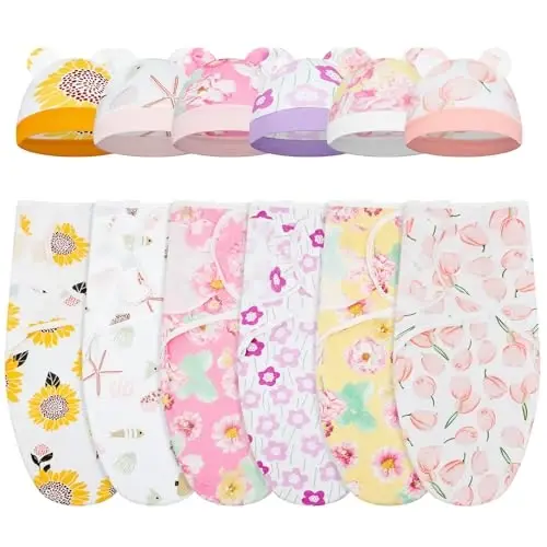 Ramede 6 Pack Swaddle Blanket with Hats for Baby Girl Boy 100% Cotton Swaddles 0-3 Months, Adjustable Breathable Skin Friendly Receiving Blanket Wrap, Essential for Newborns - 1