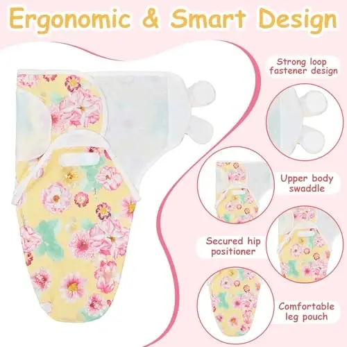 Ramede 6 Pack Swaddle Blanket with Hats for Baby Girl Boy 100% Cotton Swaddles 0-3 Months, Adjustable Breathable Skin Friendly Receiving Blanket Wrap, Essential for Newborns - 3