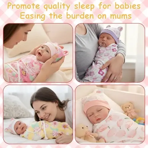 Ramede 6 Pack Swaddle Blanket with Hats for Baby Girl Boy 100% Cotton Swaddles 0-3 Months, Adjustable Breathable Skin Friendly Receiving Blanket Wrap, Essential for Newborns - 5
