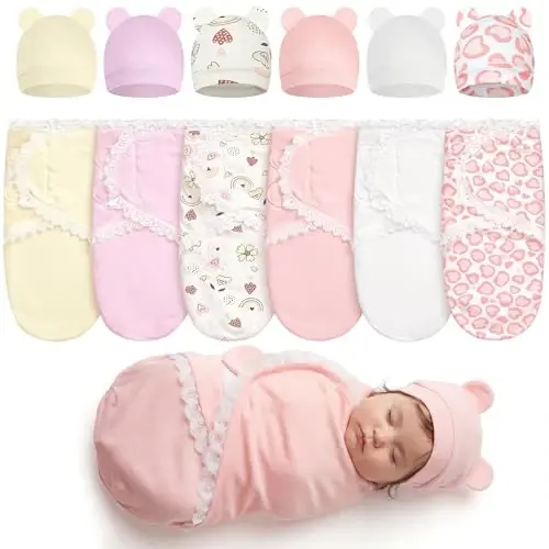 Ramede 6 Pack Swaddle Blanket with Hats for Baby Girl Boy 100% Cotton Swaddles 0-3 Months, Adjustable Breathable Skin Friendly Receiving Blanket Wrap, Essential for Newborns - 1