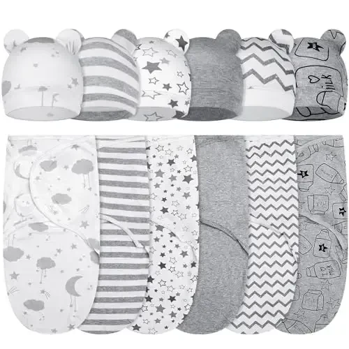 Ramede 6 Pack Swaddle Blanket with Hats Swaddle Outfit for 0-3 Months Newborn Sacks Soft Cotton Wearable Baby Shower Gifts for Girl and Boy - 1