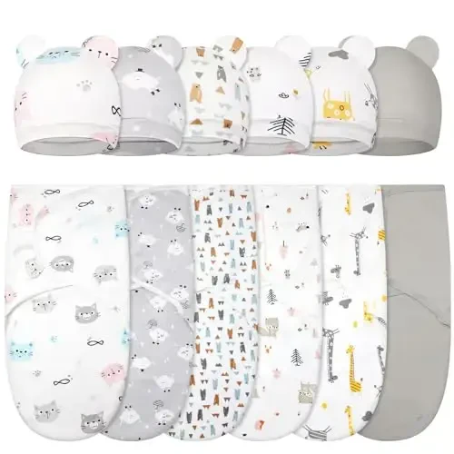Ramede 6 Pack Swaddle Blanket with Hats Swaddle Outfit for 0-3 Months Newborn Sacks Soft Cotton Wearable Baby Shower Gifts for Girl and Boy - 1