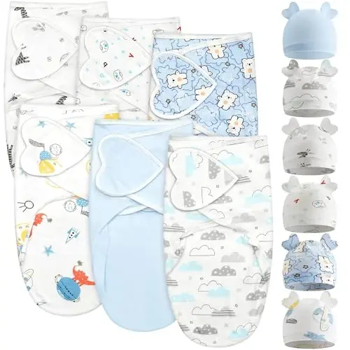 Ramede 6 Pack Swaddle Blanket with Hats for Baby Girl Boy 100% Cotton Swaddles 0-3 Months, Adjustable Breathable Skin Friendly Receiving Blanket Wrap, Essential for Newborns 