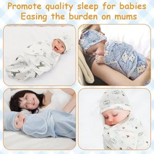 Ramede 6 Pack Swaddle Blanket with Hats for Baby Girl Boy 100% Cotton Swaddles 0-3 Months, Adjustable Breathable Skin Friendly Receiving Blanket Wrap, Essential for Newborns - 4