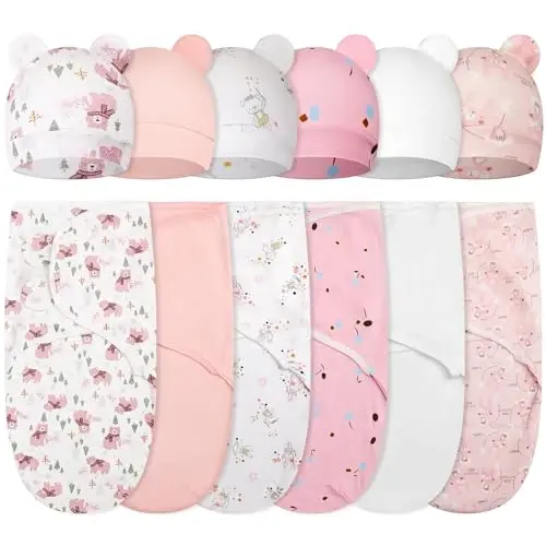 Ramede 6 Pack Baby Swaddle Blanket with Hats Sleep Swaddle for 0-3 Months Newborn Sacks Soft Cotton Wearable for Girl and Boy 