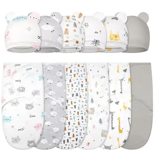 Ramede 6 Pack Swaddle Blanket with Hats for Baby Girl Boy 100% Cotton Swaddles 0-3 Months, Adjustable Breathable Skin Friendly Receiving Blanket Wrap, Essential for Newborns - 1