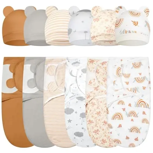 Ramede 6 Pack Swaddle Blanket with Hats for Baby Girl Boy 100% Cotton Swaddles 0-3 Months, Adjustable Breathable Skin Friendly Receiving Blanket Wrap, Essential for Newborns 