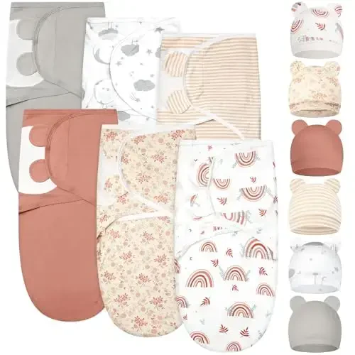 Ramede 6 Pack Swaddle Blanket with Hats Swaddle Outfit for 0-3 Months Newborn Sacks Soft Cotton Wearable Baby Shower Gifts for Girl and Boy - RAMEDE