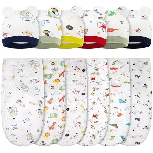 Ramede 6 Pack Baby Swaddle Blanket with Hats Sleep Swaddle for 0-3 Months Newborn Sacks Soft Cotton Wearable for Girl and Boy - RAMEDE