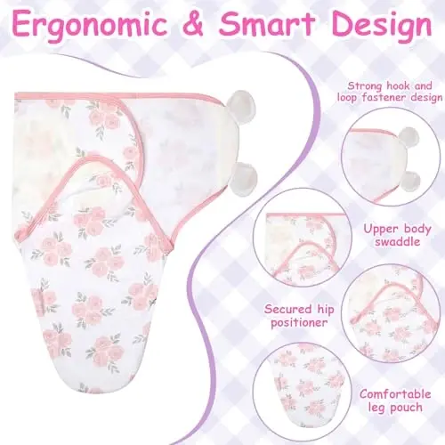 Ramede 6 Pack Baby Swaddle Blanket with Hats Sleep Swaddle for 0-3 Months Newborn Sacks Soft Cotton Wearable for Girl and Boy - 3
