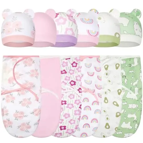Ramede 6 Pack Baby Swaddle Blanket with Hats Sleep Swaddle for 0-3 Months Newborn Sacks Soft Cotton Wearable for Girl and Boy - 1