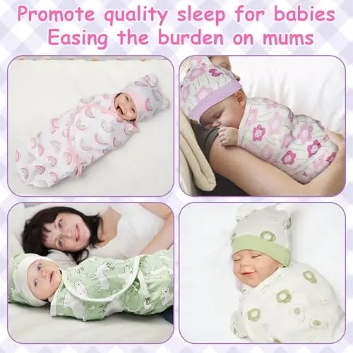 Ramede 6 Pack Baby Swaddle Blanket with Hats Sleep Swaddle for 0-3 Months Newborn Sacks Soft Cotton Wearable for Girl and Boy - 5