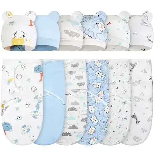 Ramede 6 Pack Baby Swaddle Blanket with Hats Sleep Swaddle for 0-3 Months Newborn Sacks Soft Cotton Wearable for Girl and Boy - RAMEDE