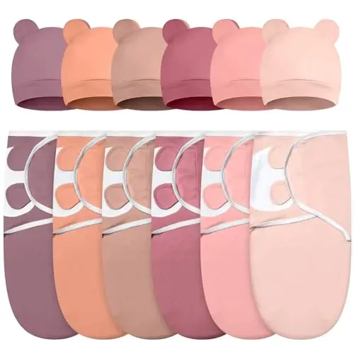 Ramede 6 Pack Swaddle Blanket with Hats for Baby Girl Boy 100% Cotton Swaddles 0-3 Months, Adjustable Breathable Skin Friendly Receiving Blanket Wrap, Essential for Newborns - 1