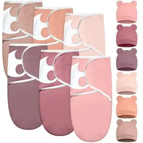Ramede 6 Pack Baby Swaddle Blanket with Hats Sleep Swaddle for 0-3 Months Newborn Sacks Soft Cotton Wearable for Girl and Boy - 1