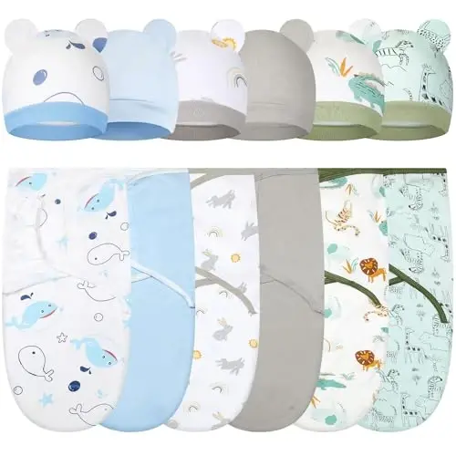 Ramede 6 Pack Swaddle Blanket with Hats for Baby Girl Boy 100% Cotton Swaddles 0-3 Months, Adjustable Breathable Skin Friendly Receiving Blanket Wrap, Essential for Newborns 
