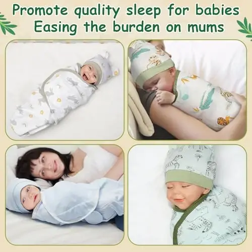 Ramede 6 Pack Swaddle Blanket with Hats for Baby Girl Boy 100% Cotton Swaddles 0-3 Months, Adjustable Breathable Skin Friendly Receiving Blanket Wrap, Essential for Newborns - 5