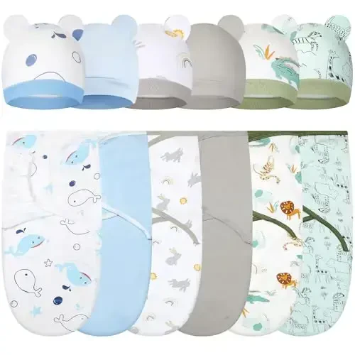 Ramede 6 Pack Baby Swaddle Blanket with Hats Sleep Swaddle for 0-3 Months Newborn Sacks Soft Cotton Wearable for Girl and Boy - 1