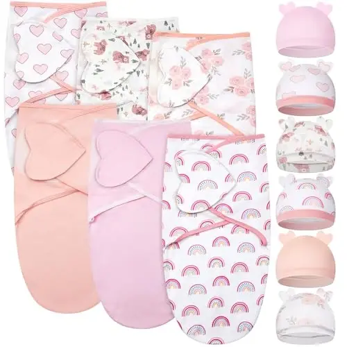Ramede 6 Pack Swaddle Blanket with Hats for Baby Girl Boy 100% Cotton Swaddles 0-3 Months, Adjustable Breathable Skin Friendly Receiving Blanket Wrap, Essential for Newborns 
