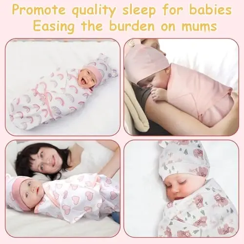 Ramede 6 Pack Swaddle Blanket with Hats for Baby Girl Boy 100% Cotton Swaddles 0-3 Months, Adjustable Breathable Skin Friendly Receiving Blanket Wrap, Essential for Newborns - 5