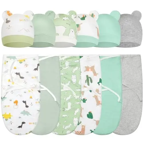 Ramede 6 Pack Swaddle Blanket with Hats for Baby Girl Boy 100% Cotton Swaddles 0-3 Months, Adjustable Breathable Skin Friendly Receiving Blanket Wrap, Essential for Newborns - 1