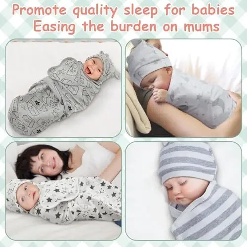Ramede 6 Pack Baby Swaddle Blanket with Hats Sleep Swaddle for 0-3 Months Newborn Sacks Soft Cotton Wearable for Girl and Boy - 4