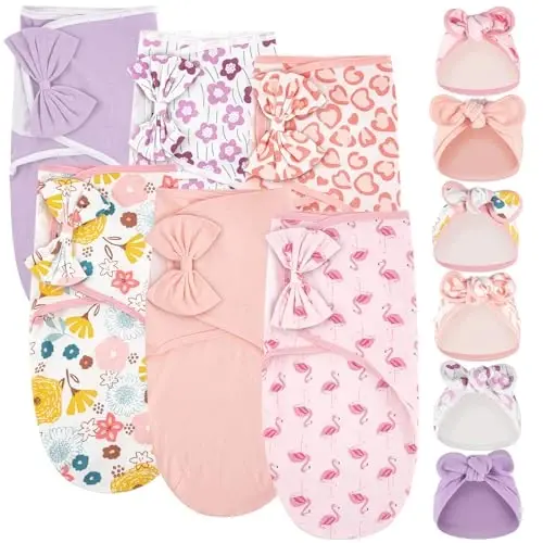 Ramede 6 Pack Swaddle Blanket with Hats for Baby Girl Boy 100% Cotton Swaddles 0-3 Months, Adjustable Breathable Skin Friendly Receiving Blanket Wrap, Essential for Newborns - 1