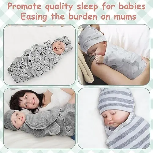 Ramede 6 Pack Swaddle Blanket with Hats for Baby Girl Boy 100% Cotton Swaddles 0-3 Months, Adjustable Breathable Skin Friendly Receiving Blanket Wrap, Essential for Newborns(Cloud,Grey) - 5