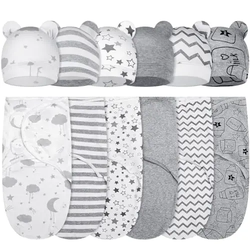 Ramede 6 Pack Swaddle Blanket with Hats Swaddle Outfit for 0-3 Months Newborn Sacks Soft Cotton Wearable Baby Shower Gifts for Girl and Boy - 1