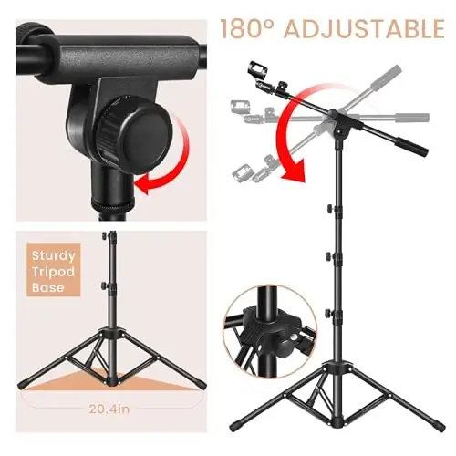 Ramzi Mic Stand,Double Support Tripod Microphone Stand Floor Boom Mic Stand with Mic Stand Bag and 2 Mic Clips Adjustable boom - 6