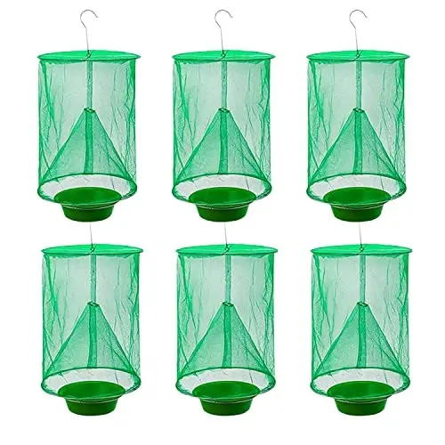 Ranch Fly Trap Outdoor Hanging Reusable with Fishing Apparatus | Food Bait Tray Catcher Cage for Indoor or Outdoor Family Farms, Park (6 Pack) - 1