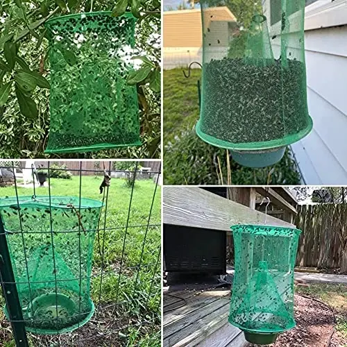Ranch Fly Trap Outdoor Hanging Reusable with Fishing Apparatus | Food Bait Tray Catcher Cage for Indoor or Outdoor Family Farms, Park (6 Pack) - 4