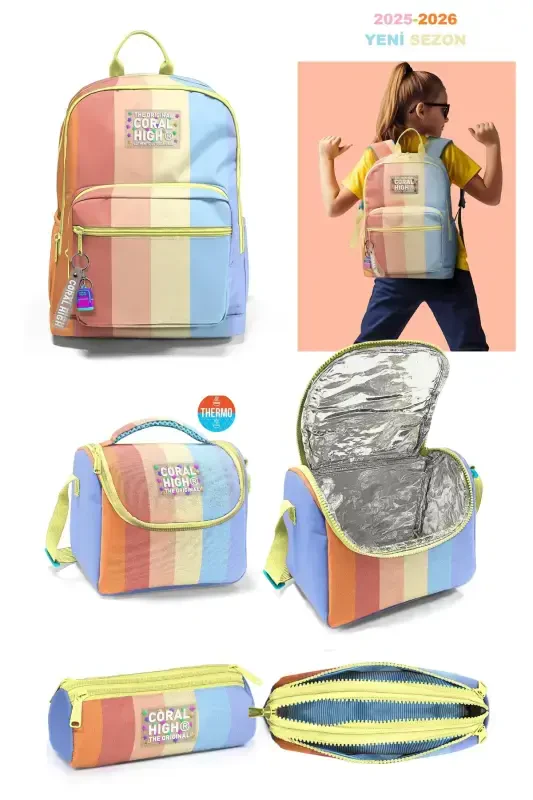 Rangli chiziqli kuzgi 3lik maktab sumkasi to'plami - Ko'p rangli - 1