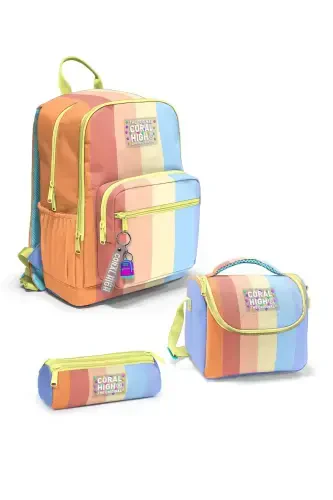 Rangli chiziqli kuzgi 3lik maktab sumkasi to'plami - Ko'p rangli - 3