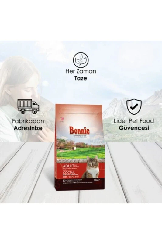 Rangli Donli Molgo Go'shti bilan Kattalar Uchun Mushuk Oziq-ovqat 1,5 Kg X 3 Dona - BONNIE