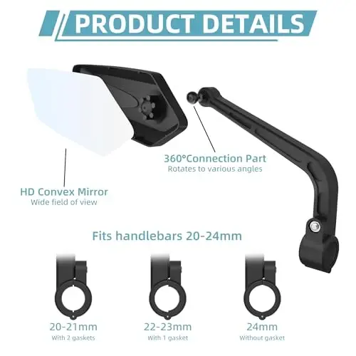 RAOOT Bicycle Mirror | Bike Mirror Handlebar Mount | 360° Adjustable Scratch Resistant Glass Lens | Bike Universal Fit Accessories - 2