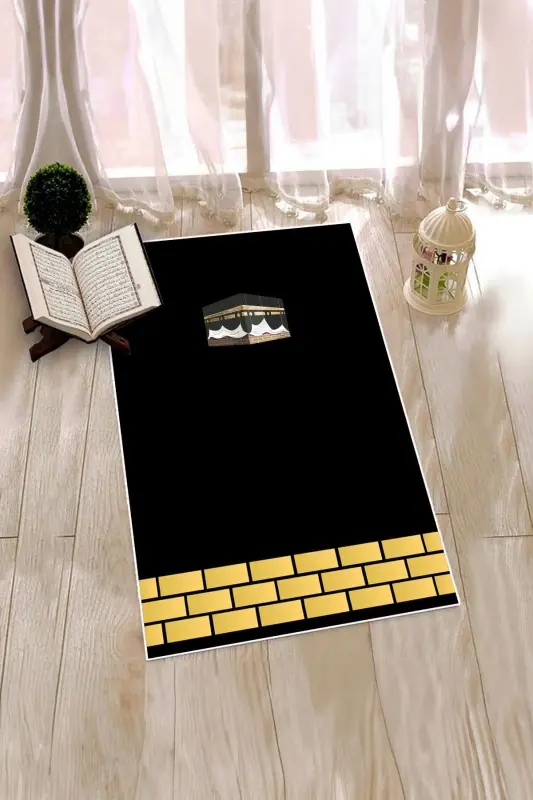 Raqamli bosilgan Sovungacha yuvish mumkin Kaʼba naqshlari bilan sovgʻa sajda gilami Sajjada 70x130, Sajjada-45-qora - EY HOME