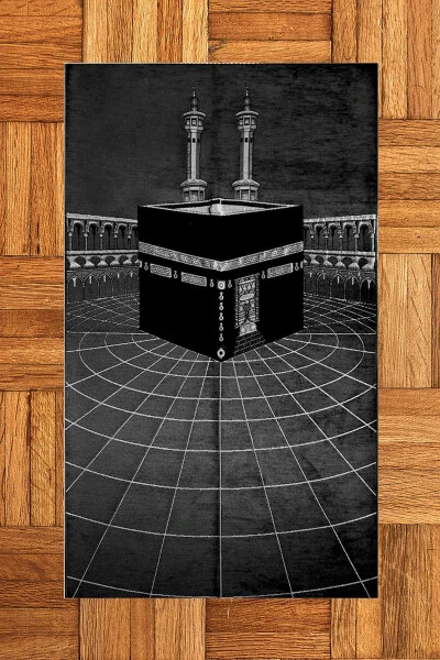 Raqamli bosma bilan yuvilishi mumkin zamonaviy Ka'ba naqshlari solat gilami choyshab 70x130, Seccade-48-qora - EY HOME