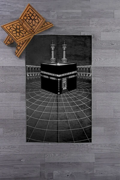 Raqamli bosma bilan yuvilishi mumkin zamonaviy Ka'ba naqshlari solat gilami choyshab 70x130, Seccade-48-qora - 3
