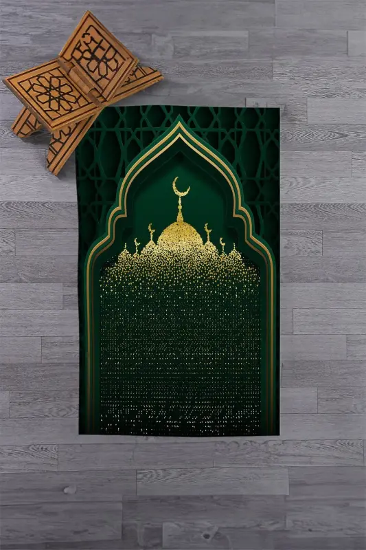 Raqamli bosma masjid naqshli yuviladigan naqshli 70x130 namozgoh joynamoz - YASHIL - 3