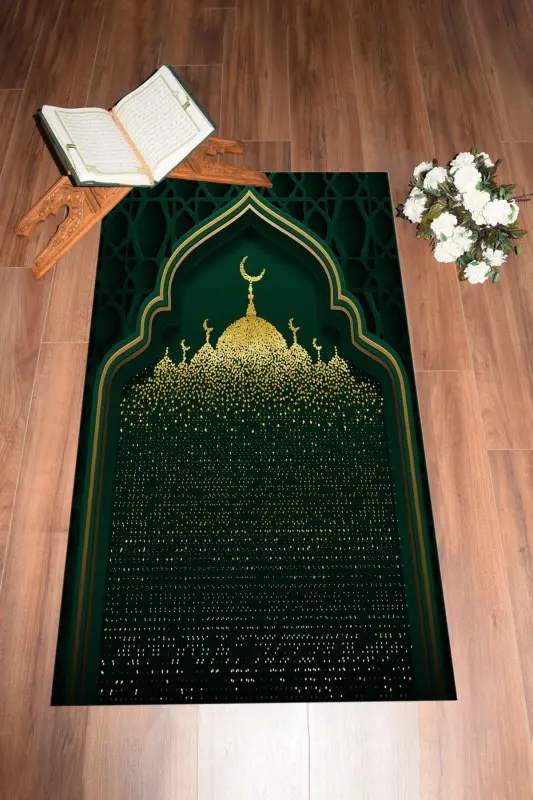 Raqamli bosma masjid naqshli yuviladigan naqshli 70x130 namozgoh joynamoz - YASHIL - 8